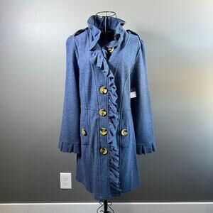 NWT Talie Lightweight Blue Boiled Wool Jacket Coat with Ruffles Size Large